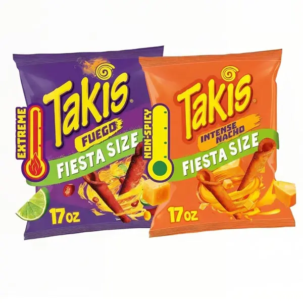 Bundle of Takis Fuego 17oz Fiesta Size Bag, Hot Chili Pepper & Lime Flavored Extreme Spicy Rolled Tortilla Chips + Takis Intense Nacho 17 oz Fiesta Size Bag