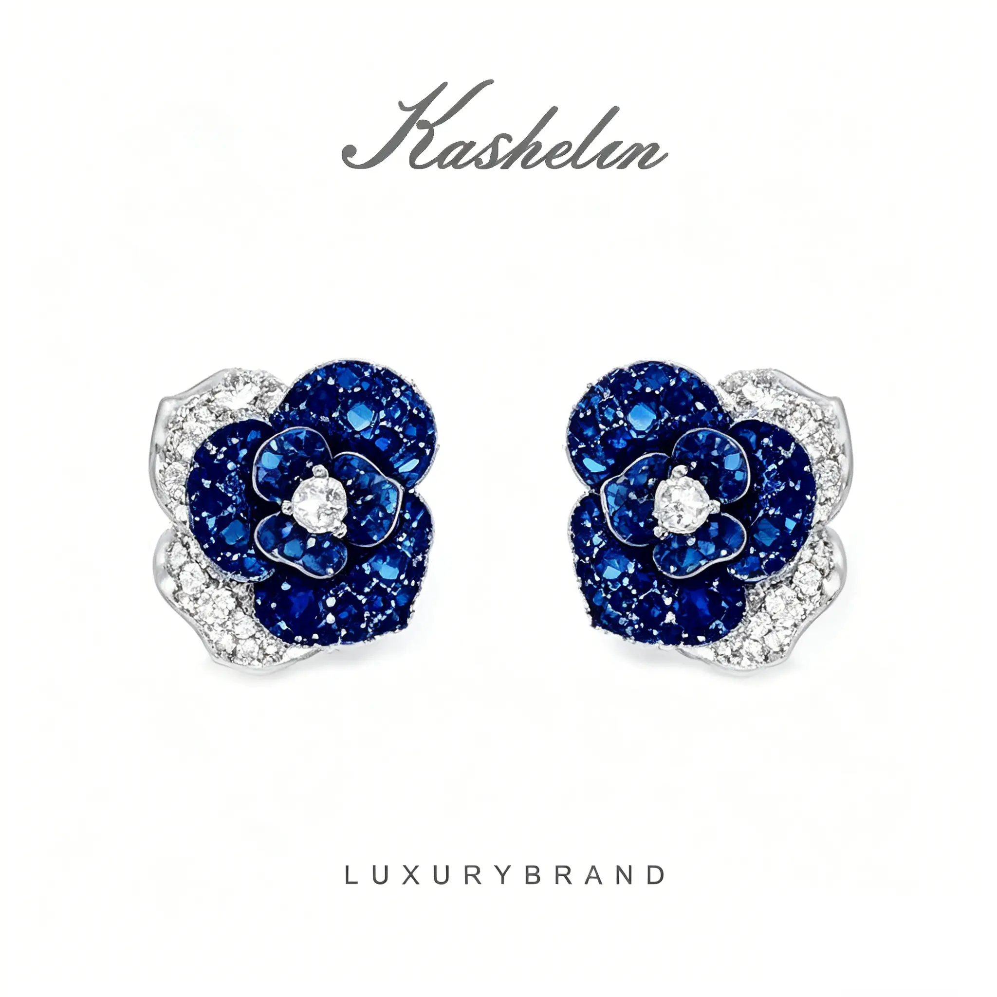 Kashelin Blue Rose Stud Earrings for Women, 18K Thick White Gold Plated Floral Earrings, Hypoallergenic Tarnish Resistant Sapphire Blue Zirconia Earrings, Elegant Luxury Jewelry Gift for Women