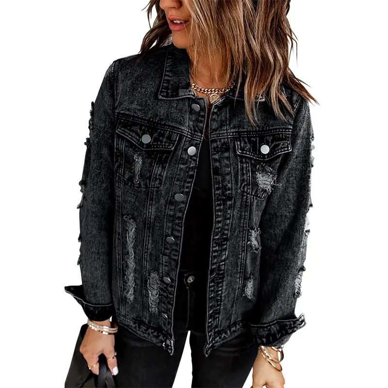 Necooer Women's Rivet Distressed Denim Jacket - Boyfriend Washed Black Jean Jacket 2025 Dark Rebel Comfort Essential for Every Outfit Long Sleeve Casual Ripped Destroyed Jean Coat - Womenswear