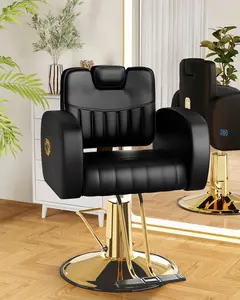 Baasha Ergonomic Black and Gold Salon Chair with Comfortable Thickened Cushions, Heavy Duty Reclining Stylist Chair for Hair braiding, Extensions, Tattooing, Weight Capacity 440 lbs