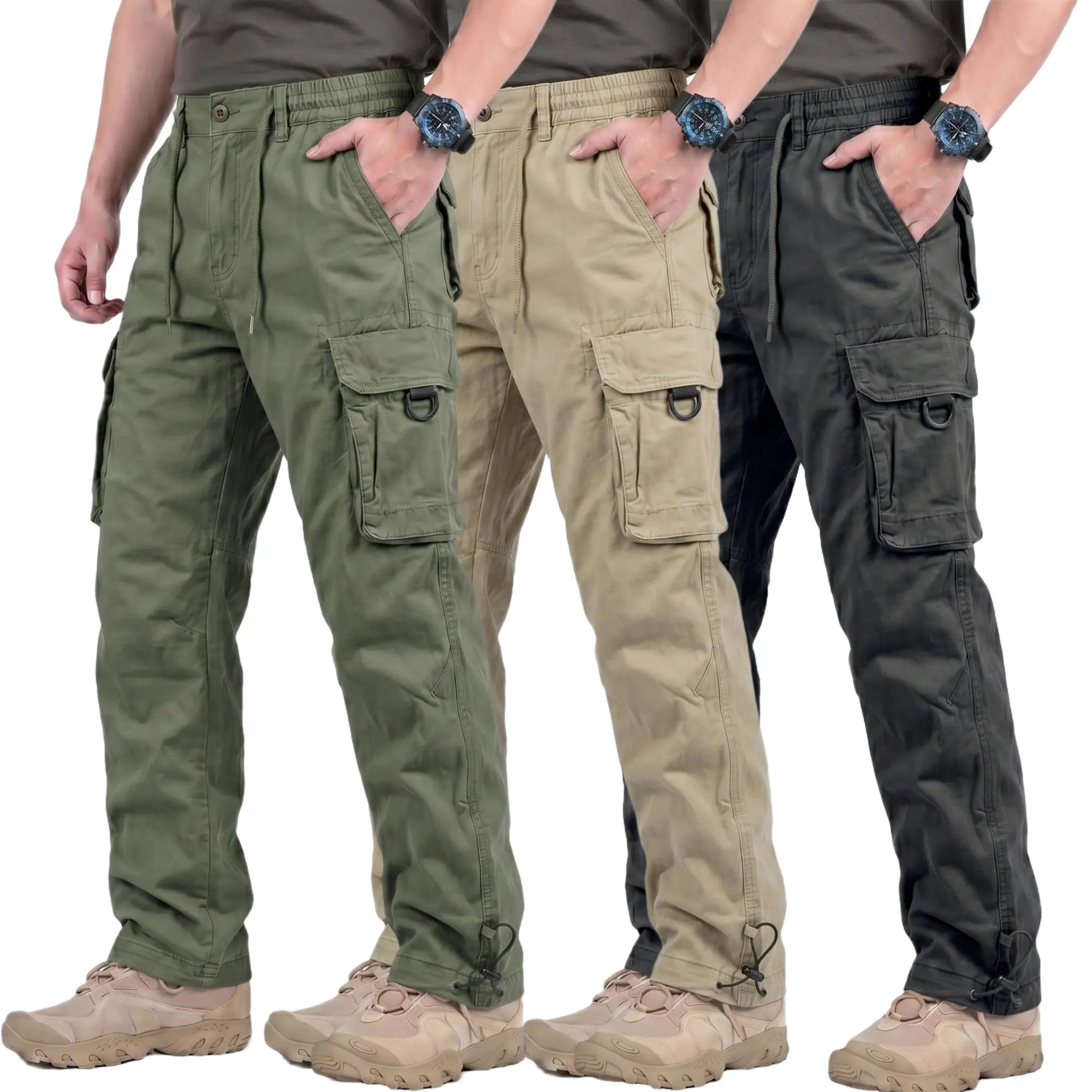 Men’s pure cotton tactical cargo pants with multiple pockets, drawstring cuffs for adjustable fit at the legs, suitable for outdoor everyday casual wear, hiking, and mountaineering.