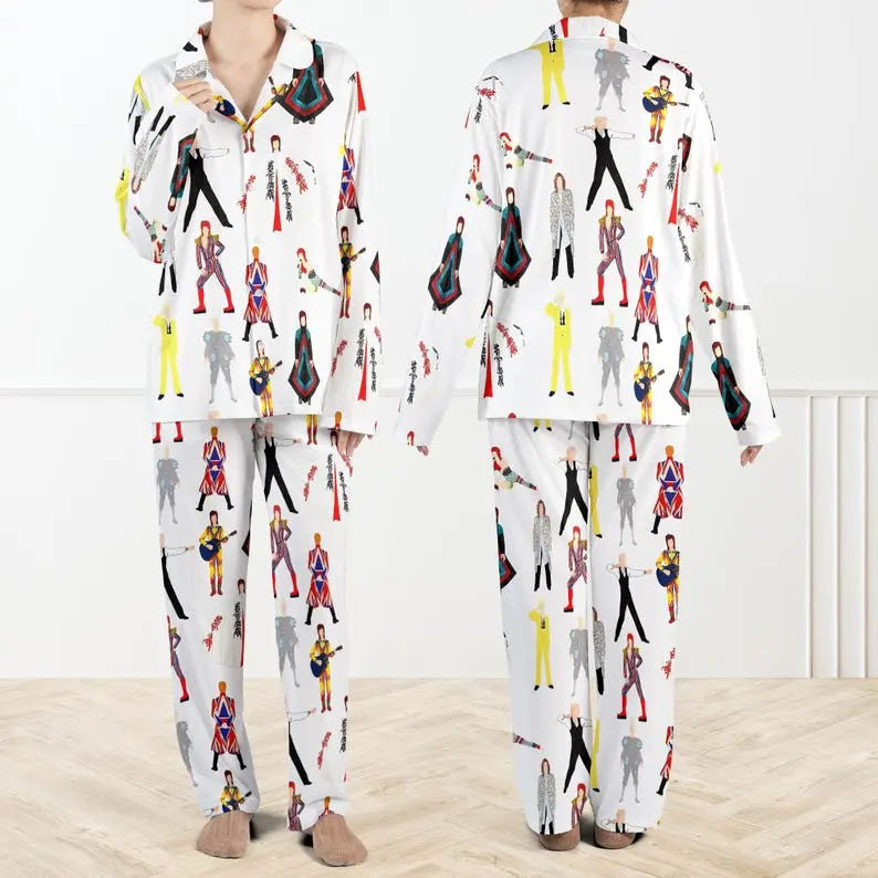 Bowie Musician Pajama Set For Women And Kids Glam Rock Button Up Sleepwear Iconic Artist Loungewear Unique Gift For Music Lovers Satin Material With Chest Pocket And Elastic Waistband
