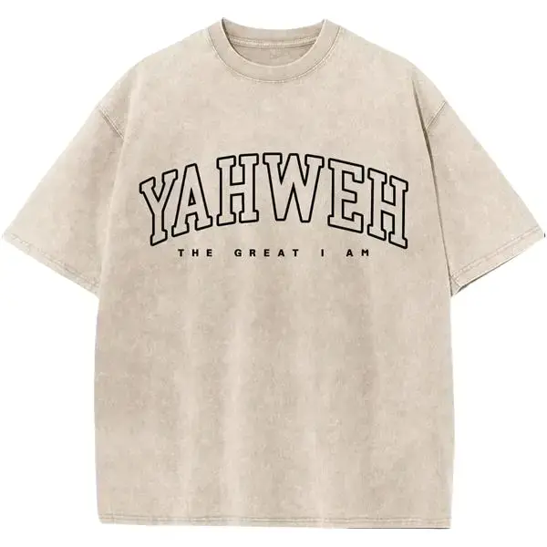 Unisex Yahweh Graphic T-Shirt in Vintage Mocha Acid Wash, 100% Cotton Relaxed Fit Christian Streetwear with Drop Shoulders, Denim, Baggy, Retro, Cargo, Tee, Round Neck, Crew Neck