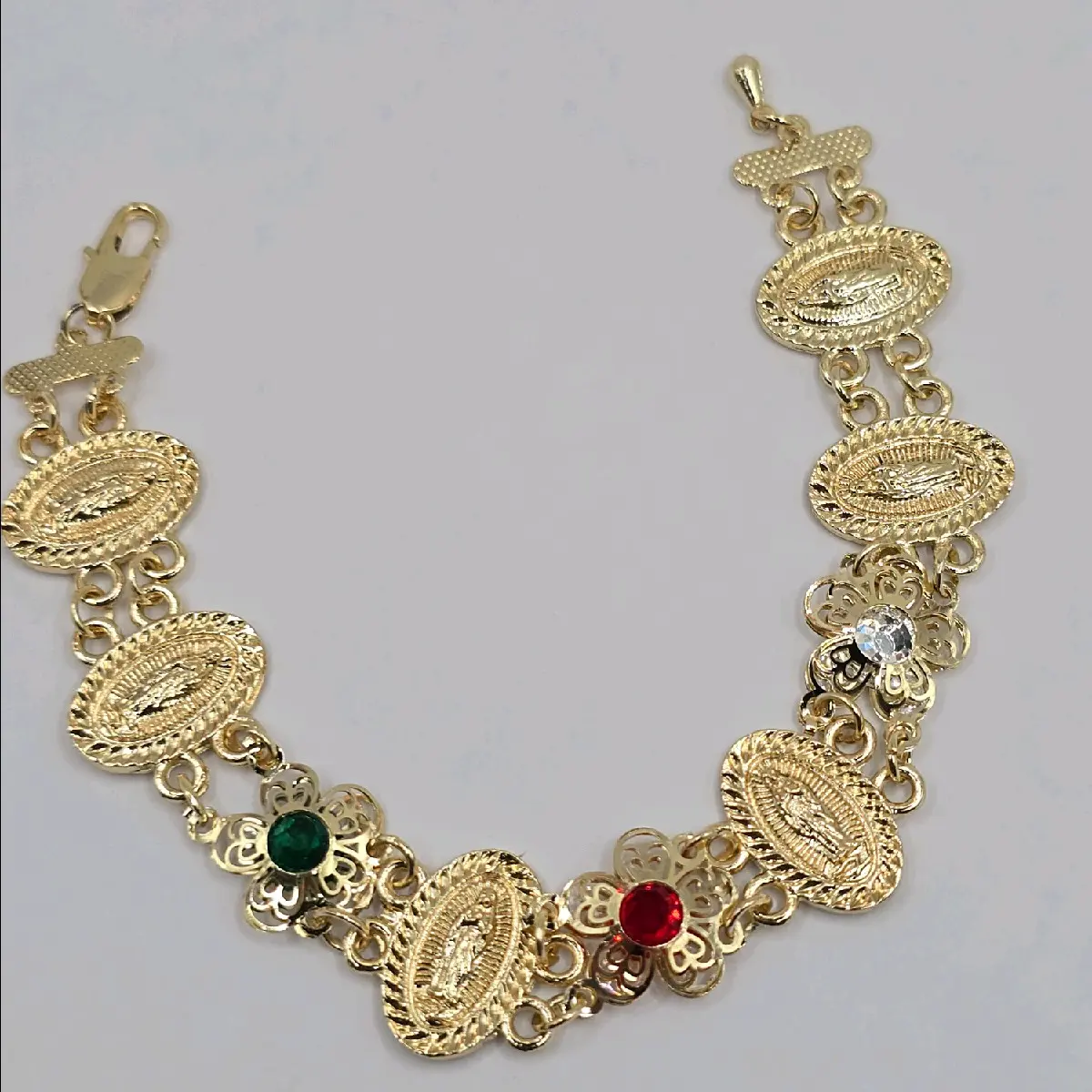 BRACELET WITH VIRGIN MARY flowers style with colors stones gold-plated 7"inches virgin mary