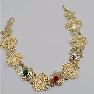 BRACELET WITH VIRGIN MARY flowers style with colors stones gold-plated 7"inches virgin mary