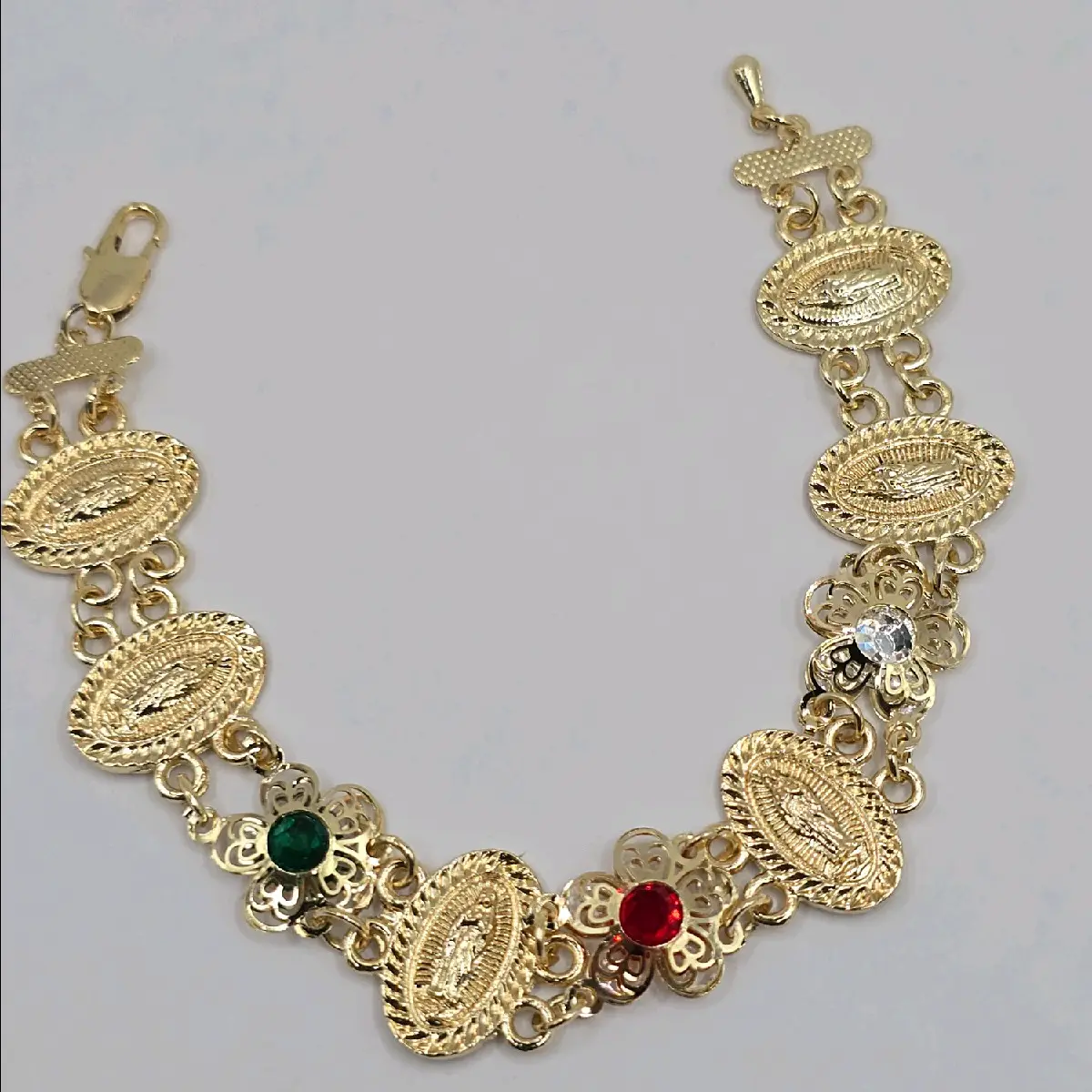 BRACELET WITH VIRGIN MARY flowers style with colors stones gold-plated 7"inches virgin mary