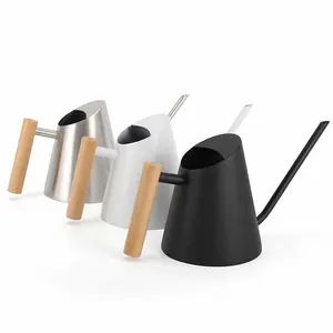 Modern Watering Can with Wooden Handle, Long Spout Design, Available in Black, White, Silver