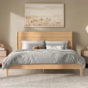 Queen Size Platform Bed with Tall Headboard, Solid Bamboo-made Bed Frame with Support Slats, Full/Queen/King Bed Frame for Bedroom, Guest Rooms, Dorms,Natural