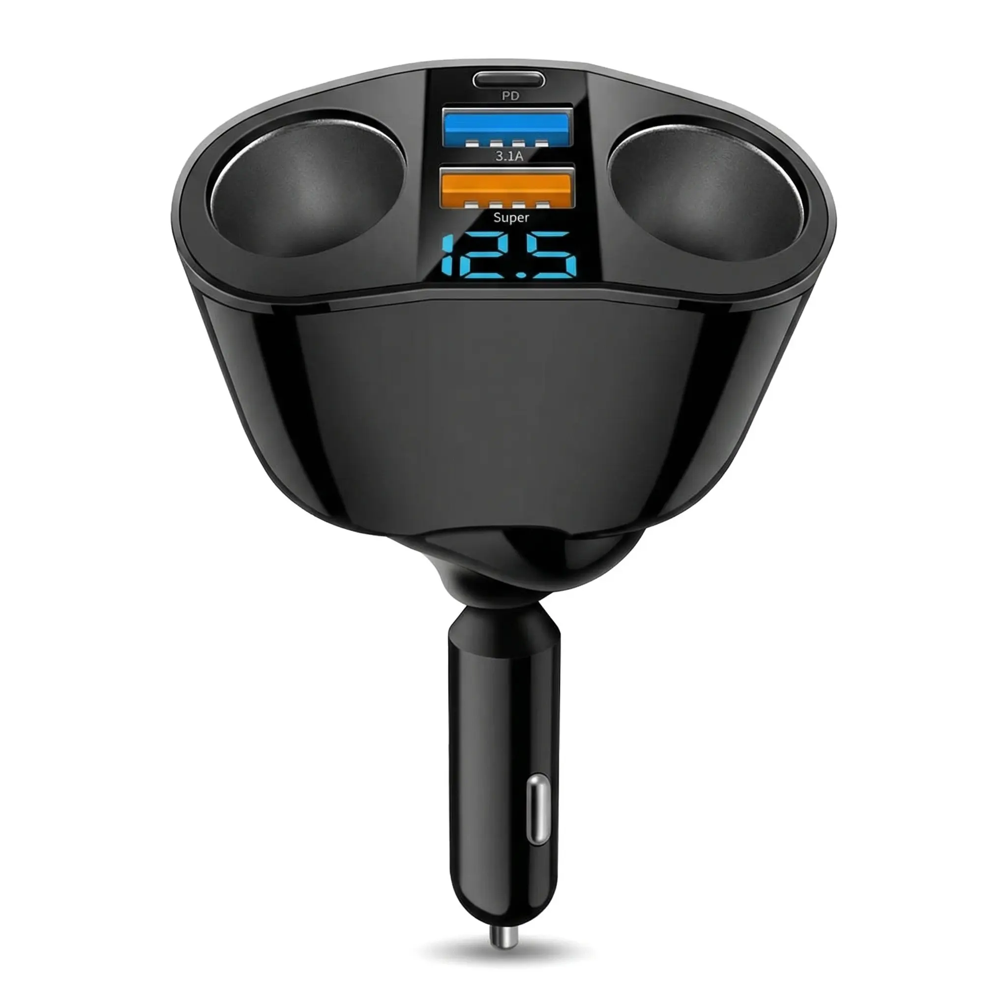 Car LED Voltmeter Splitter, 2-Socket Adapter with Dual USB QC3.0 & 20W PD Type-C Fast Charging Solution, 12V-24V USB Car Connector Smart Battery Charger for Phone, GPS, Dash Cam Kit, Universal Battery Charger