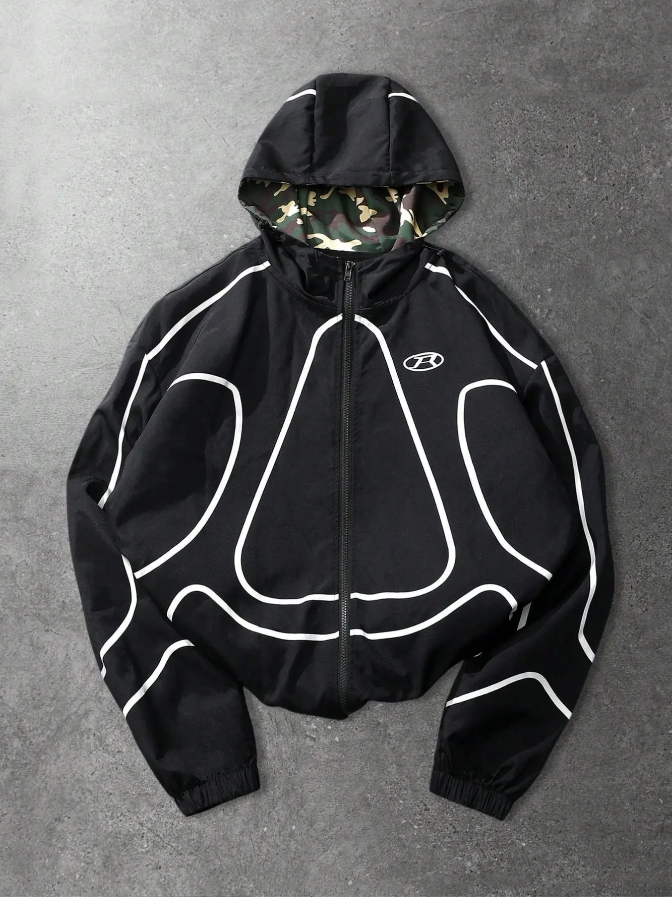 Unisex design, neutral and casual street style, color-blocked camouflage hooded long-sleeve Fitted jacket/outerwear, suitable for autumn and winter wear. Stylish, trendy, and personalized outfit, street hip-hop style, suitable for everyday wear.