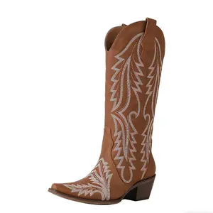 Women Western Cowboy Boots Vintage Embroidered Stitching Knee High Boots Pointed Toe Chunky Heel Fashion Riding Boots
