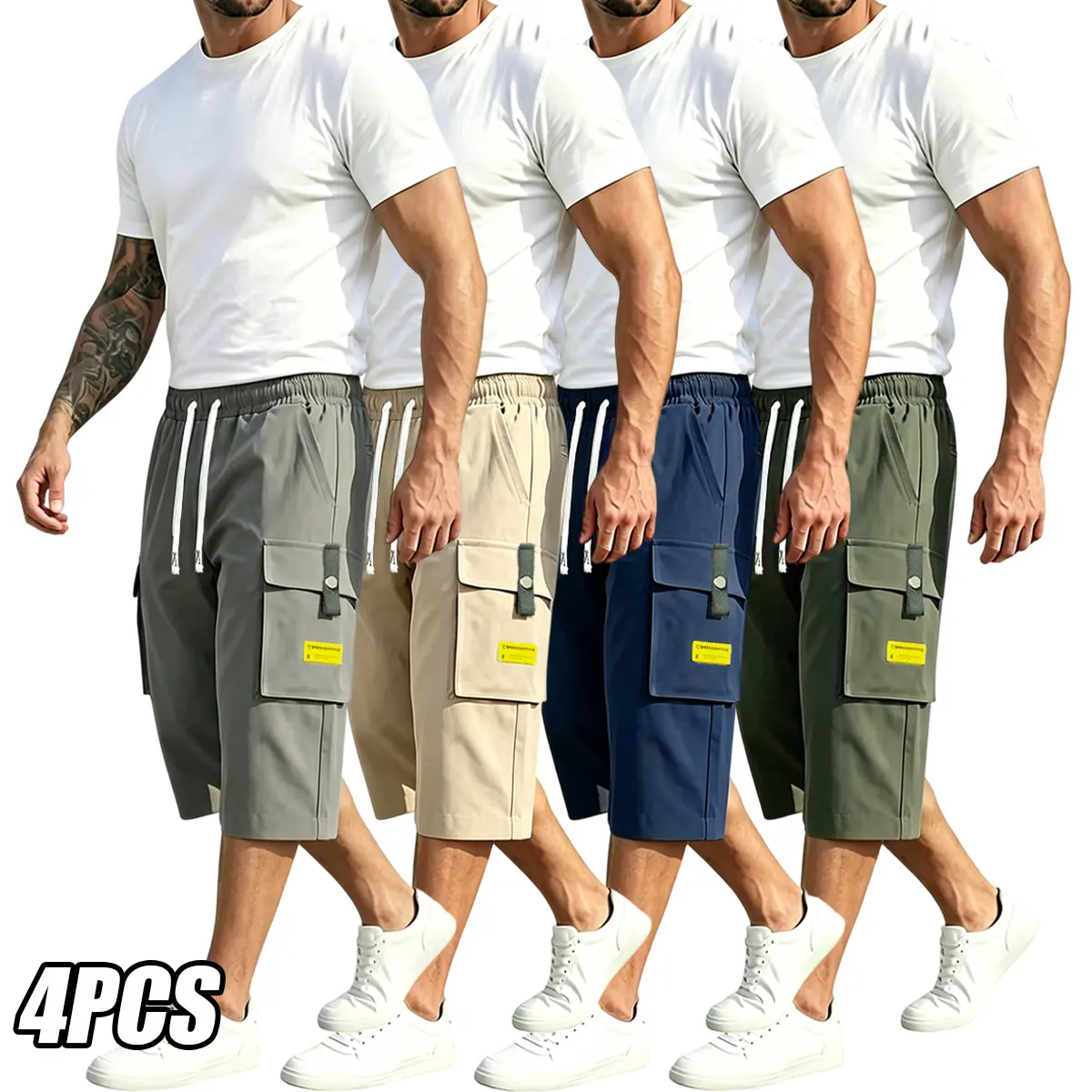4-Pack Men’s Cargo Shorts — Loose Fit, Knee-Length, Multiple Pockets, Drawstring Waist; Stylish Outdoor Mid-Thigh Shorts for Casual Sports