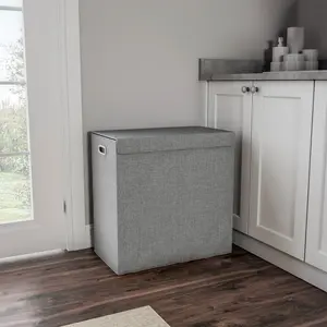 Two-Sided Fabric Laundry Hamper with Lid and Handles, Gray