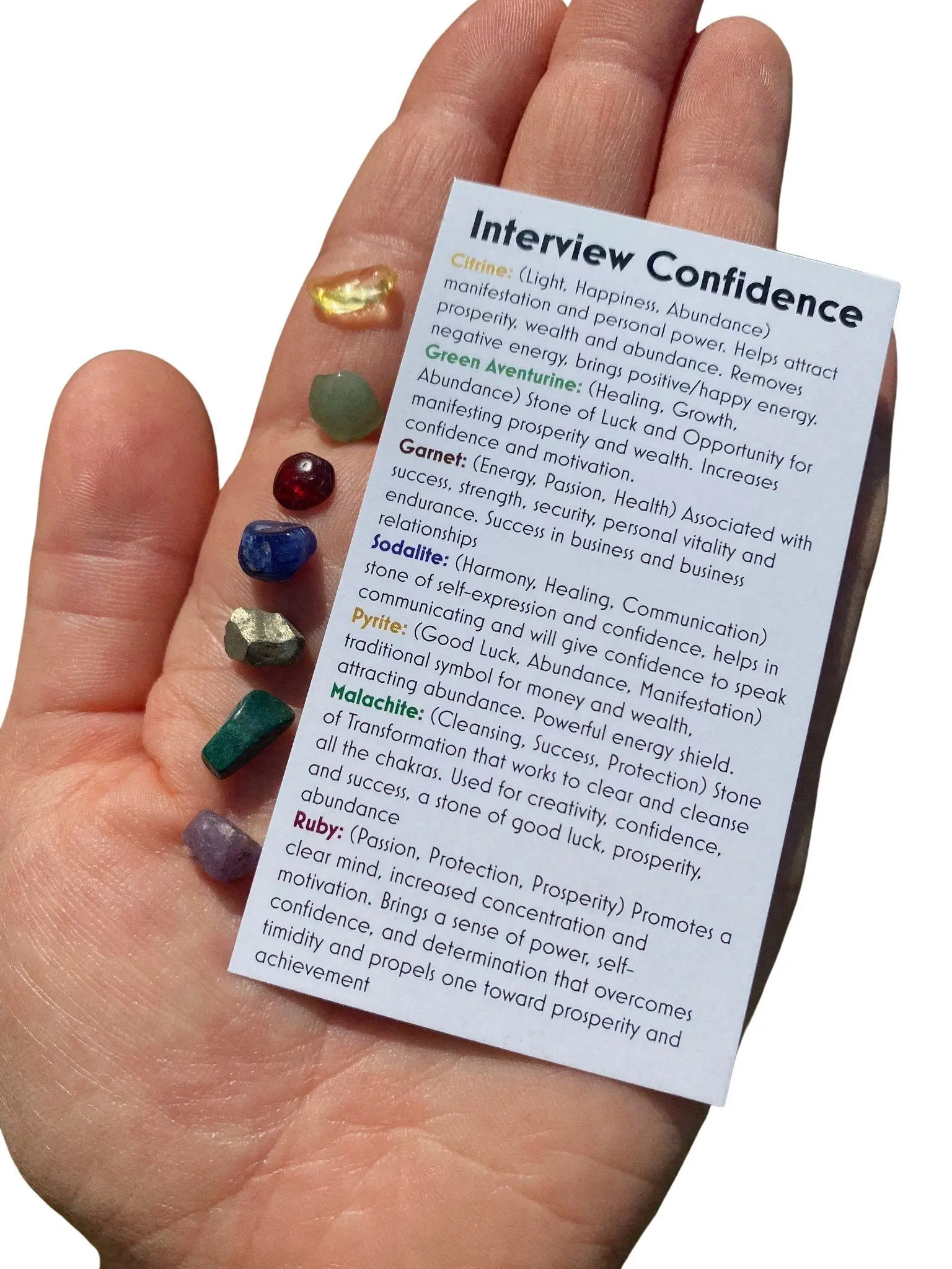 Interview Confidence Stone Set (Small Chips) - Citrine (Treated), Malachite, Pyrite, Green Aventurine, Ruby, Garnet, Sodalite