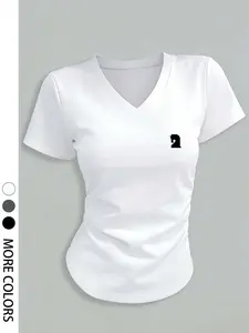 Y2K V-Neck T-Shirt for Women, Classic Polo Logo, Casual Streetwear, Soft Elastic Fabric, Multiple Colors Available, All Seasons