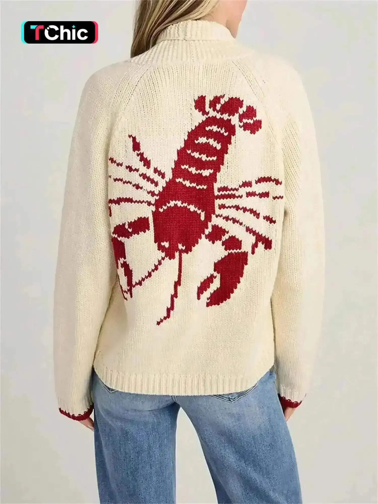 Women's Lobster Pattern Button Front Longsleeves Sweater Cardigan, Lady Casual Long Sleeve Jumper for Fall & Winter, Women's Knitwear for Daily Wear, Casual Chic Knitwear, Knitted Tops, Knit Sweater Clothing