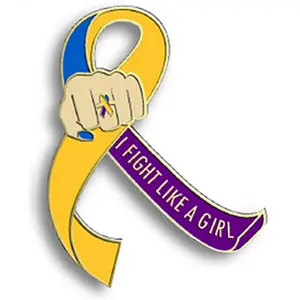 I Fight Like a Girl Fist Awareness Ribbon Lapel Pin - Blue/Purple/Marigold