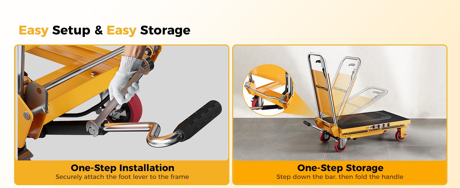 CAMMOO Foldable Hydraulic Lift Table Cart, 330lbs Capacity, 28.5" Lifting Height, Single Scissor Lift with Non-Slip Pad & Thickened Scissors Design for Material Handling and Transportation, Yellow
