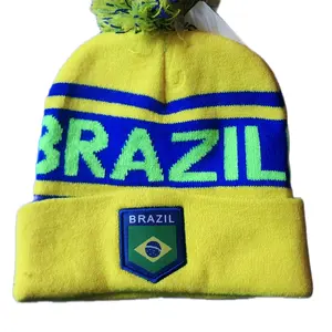 Brazilian Beanie - Yellow & Blue Knit Hat with Green Text and Logo Patch for Fans