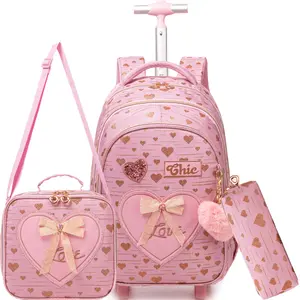 Chic Pink Heart Rolling Backpack 3-in-1 Set | Cute Glitter Bow Girls School Bag with Wheels, Insulated Lunch Tote & Pencil Pouch | Magical Wheeled Bookbag Gift for Kids