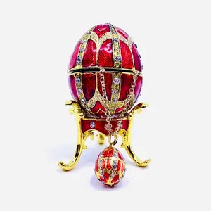 Bejeweled Enamel Trinket Box and Pendant 24, Red Faberge Style Egg