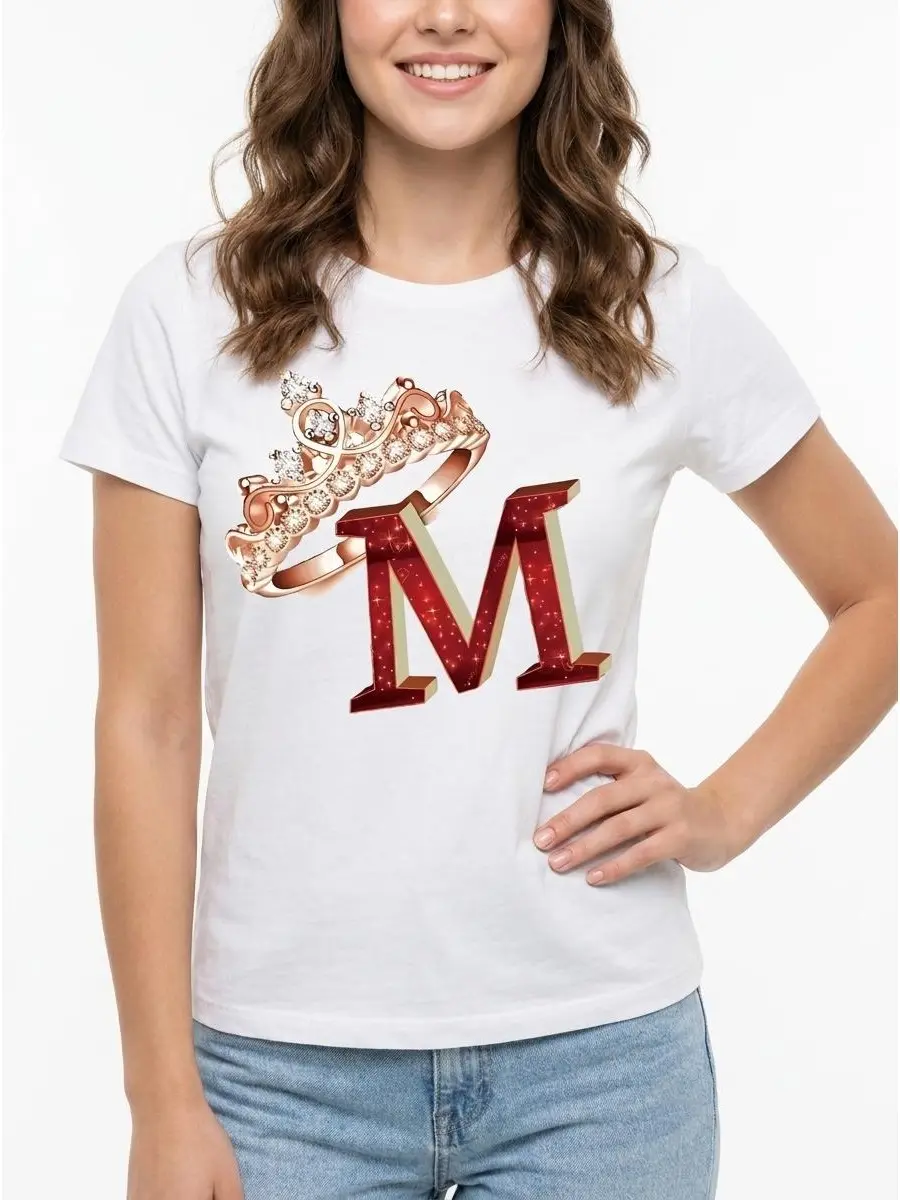 Letter M Crown Tee Initial Graphic 100% Cotton Black White S-5XL Women Personalized-gift Custom-style Initial-outfit