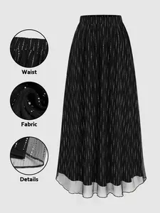 High Waist Silver Color Sequins Mesh Skirt, Plus Size Party Evening Dress, Elegant Draped Fabric, Perfect for Vacation