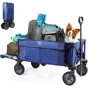 Tailgate Collapsible Folding Wagon Cart, Push Pull Beach Wagon Foldable, Grocery Cart with Side Pockets for Camping,, Shopping, Holds 225 lbs, Blue