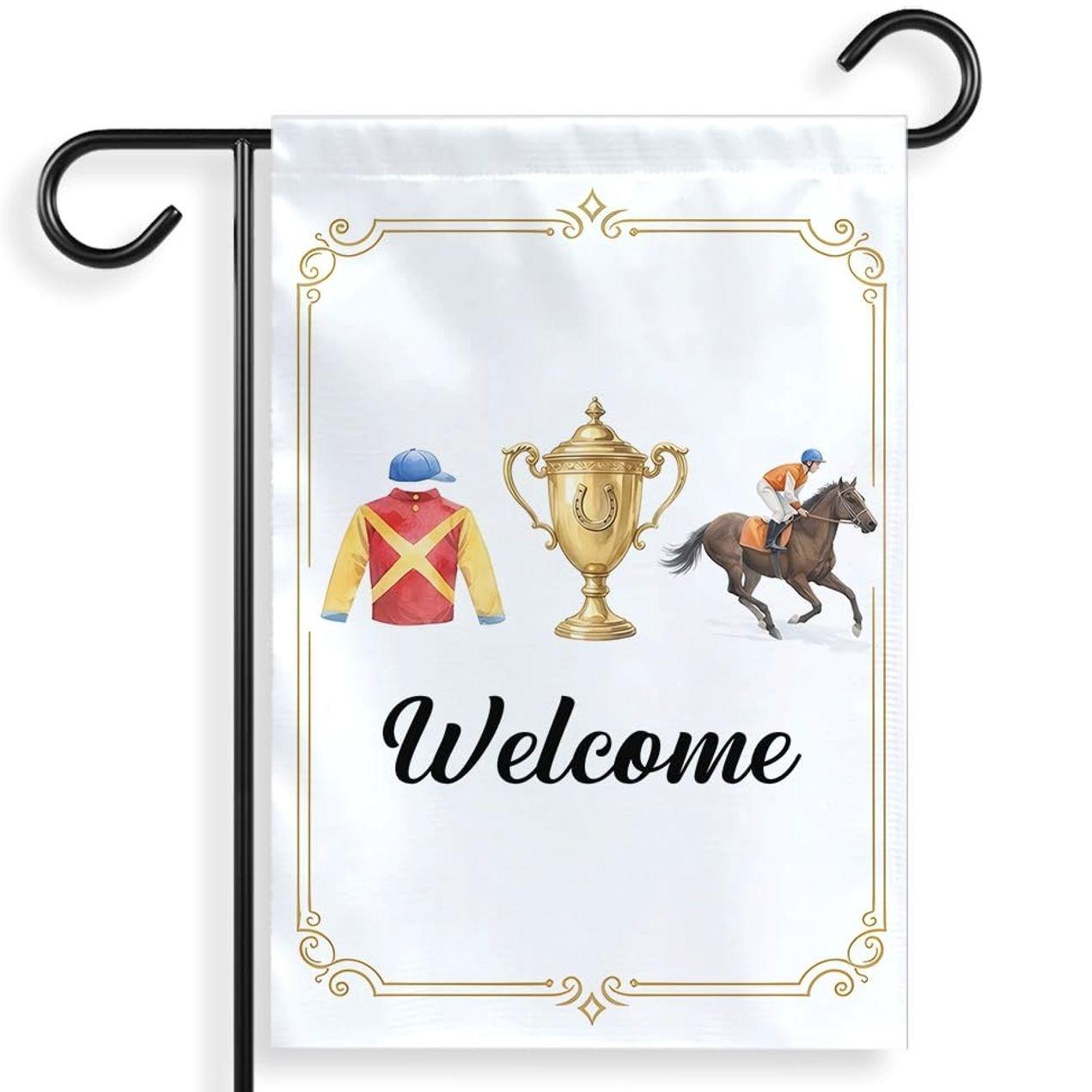 Welcome Garden Derby Flag, Horse Racing Porch & Lawn Decor, Outdoor Yard Sign for House Decoration. Welcome Garden Derby Flag, Horse Racing Porch & Lawn Decor, Outdoor Yard Sign for House Decoration.