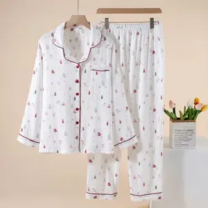 Christmas Printing Women's Sleepwear Set Soft Cotton Long Sleeve Pajamas with Festive Tree Pattern Loungewear Womenswear 2 Piece Homewear Pajamas