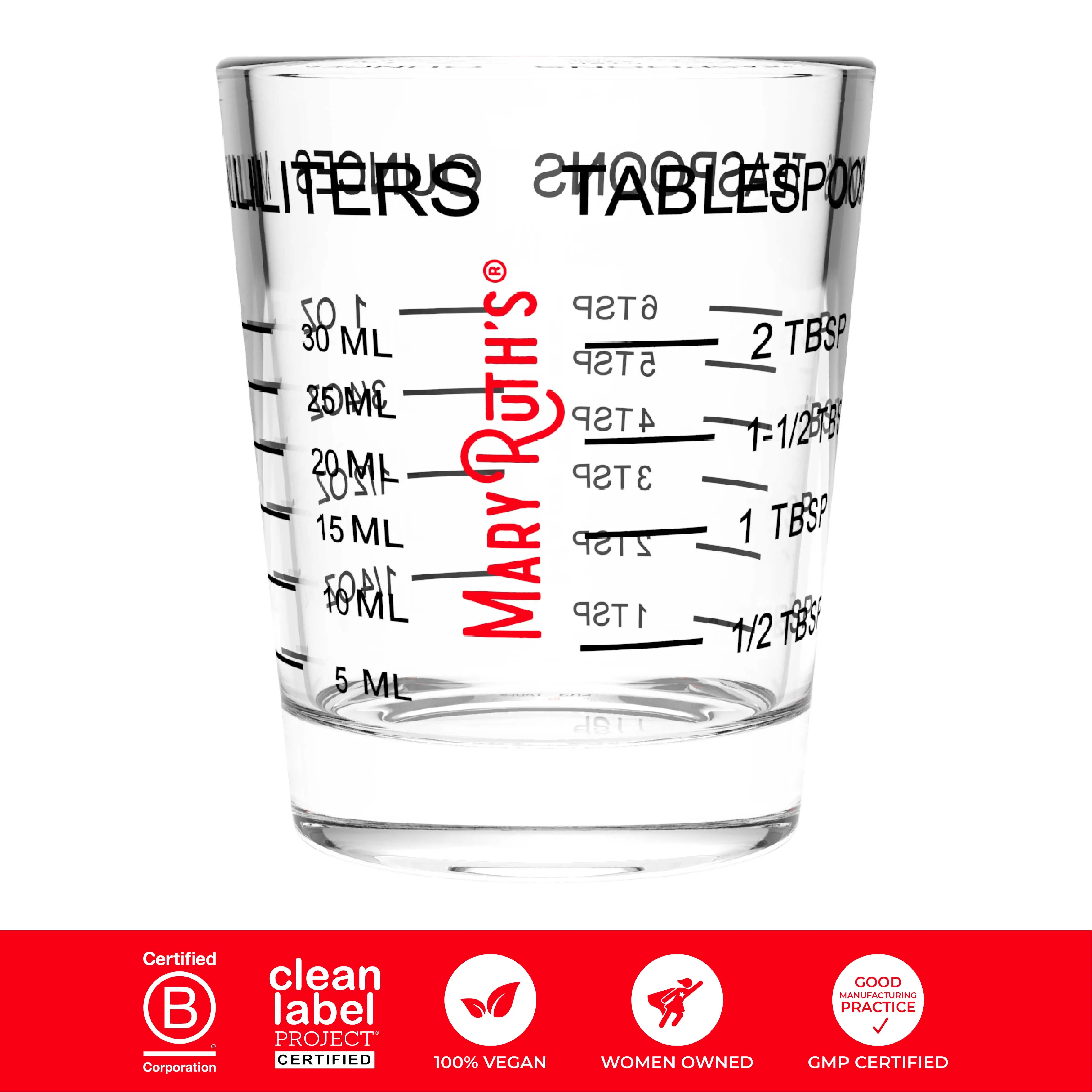 MaryRuth's Measuring Shot Glass - Metric & Imperial Measurements - Milliliters, Tablespoons, Ounces, & Teaspoons - Measure Liquid Supplements & More