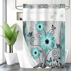 LVRLVR 1pc Rustic Teal Daisy Butterfly Shower Curtain with Sheer Top Window, Detachable Liner & No Hook C-Ring, 70.8" x 74"