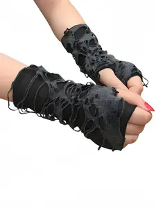 Punk Gothic Fingerless Gloves, Dark Ripped Cosplay Gloves for Halloween Costume, Concert, Party, Photo Shoot, Alt Fashion Accessories