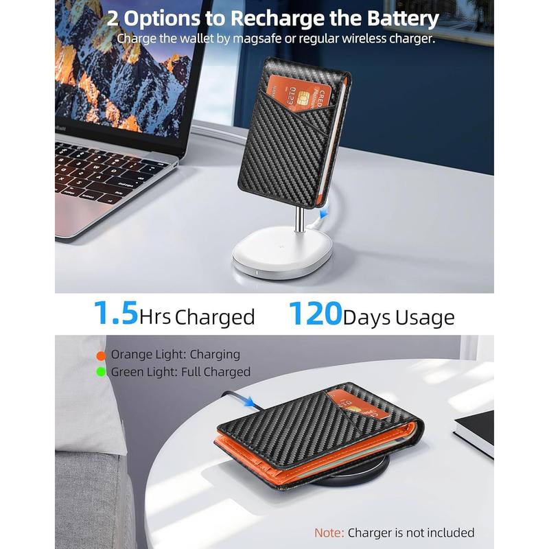 Men Wallet with Find My, Wallet , RFID Blocking Credit Card Holder, Left-Behind Alert, Play Sound, Anti-Loss,  Rechargeable, Works with , iPad, , Carbon Black & Orange