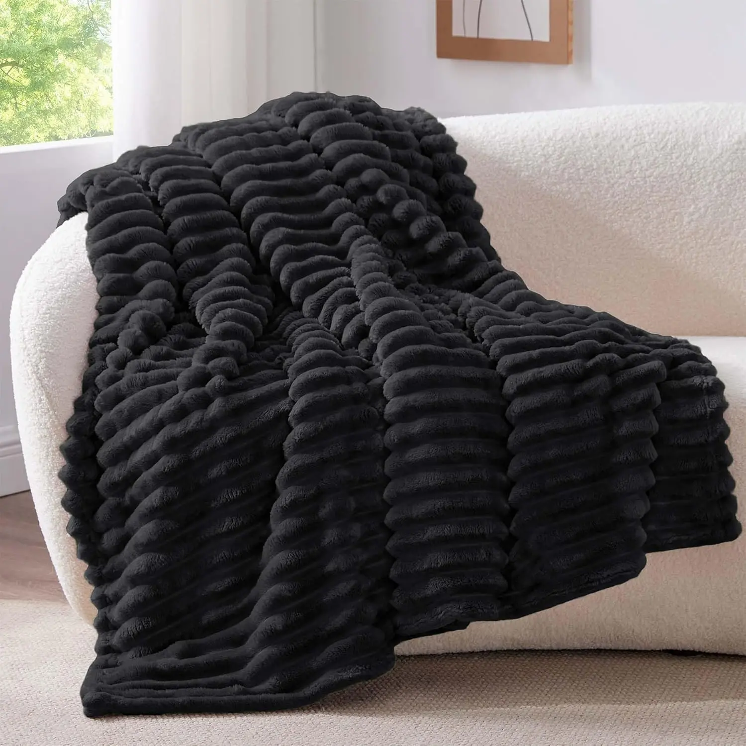 Soft Cozy Stylish Couch Throw - 300GSM Warm Fluffy Black Striped Blanket, Decorative Giftable Option for Adults, 50"x70", Soft Cozy Blanket, Stylish Blanket