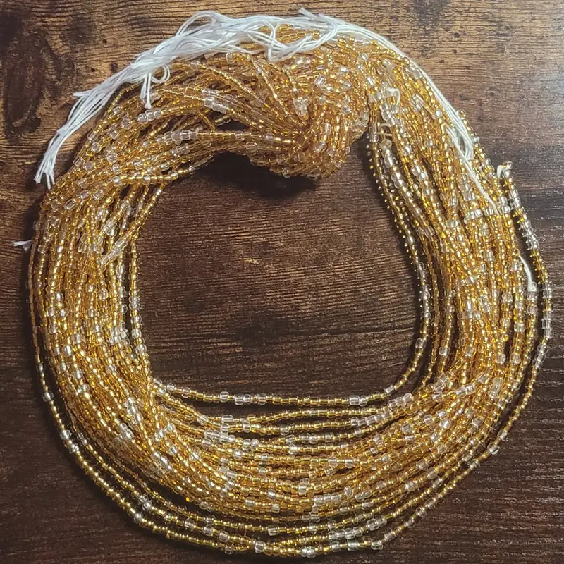 Tie On Body Jewelry - Gold & Clear Waistbeads PLUS SIZE for Women, 55" Length