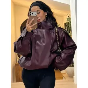 Women’s faux leather jacket — new arrival; demi-season (spring/autumn); black/brown; short coat; asymmetric zip; motorcycle jacket; streetwear casual; long sleeves; red aviator jacket; women’s coat
