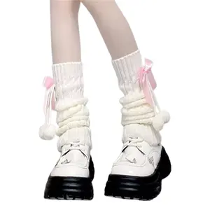 Women Knit Leg Warmers Winter Cute Knee High Socks With Bow And Fur Ball Aesthetic Boot Cuffs For Streetwear Y2K Pile Socks