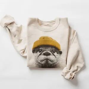 Retro River Otter Wearing Beanie Unisex Sweatshirt, Cute Otter Shirt, Unisex Cotton Tops, Crewneck Shirt, Casual Style