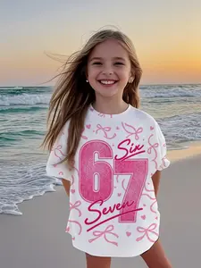 Summer Girls' Simple Color Printed Multifunctional Round Neck T-Shirt, Number 67 Sportswear, Perfect Match Short Sleeve Top, Graphic Fashion Tee, Graphic Tees