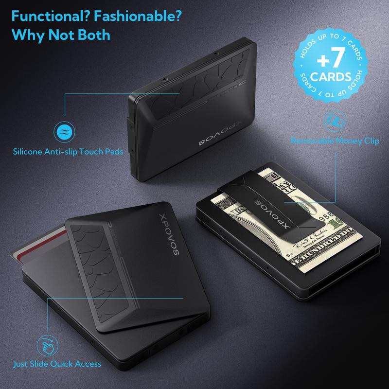 XPOVOS Metal Wallet for Men - Slim Mens Wallet with Money Clip Slide to Pop-up Minimalistic RFID Wallet Credit Card Holder for Men with Gift Box