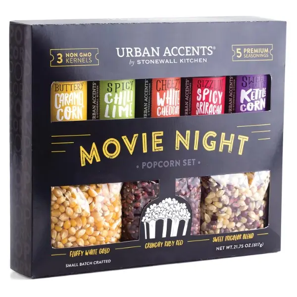 Movie Night Popcorn Gift Set – Includes 3 Gourmet Popcorn Kernel Varieties & 5 Flavorful Seasonings – Perfect Snack Gift Box for Parties, Holidays, or Movie Lovers | Snack gift box, popcorn kit with gourmet popcorn