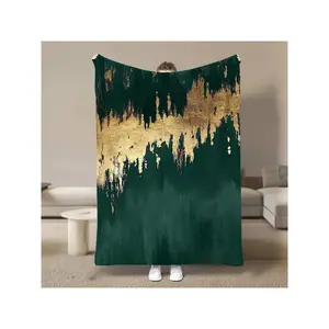 Luxurious Gold Metallic Abstract Design Emerald Green Flannel Throw Blanket