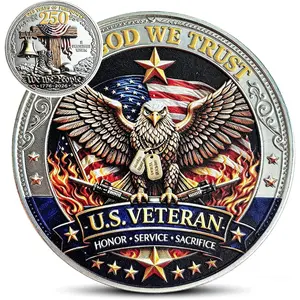 US Veteran Challenge Coin – Honor, Service, 40*40*3MM Sacrifice Design with Freedom Bell & Boots, 250 Years of Freedom Metal Token