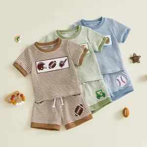 [Lullaby] 2Pcs Toddler Baby Summer Outfits Short Sleeve Striped Baseball/Golf/Rugby Embroidery Tops and Elastic Waist Shorts Set