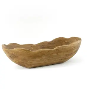 Indoor Carved Brown Wood Decorative Dough Bowl for Home Tableware - Wooden Serving Tabletop