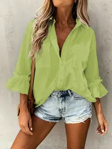 Casual Minimalist Charming Fashion 3/4 Sleeve Button Collar Shirt, Minimalist 3/4 Sleeve Ruffle Cuff Blouse, Women Spring Ruffled