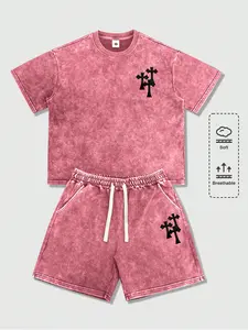 Lightweight vintage casual athletic set for men featuring a cross pattern print, American style, washed distressed look, premium feel, loose fit, versatile design. Short-sleeve T-shirt and shorts set suitable for running, golf, fishing, basketball, campin