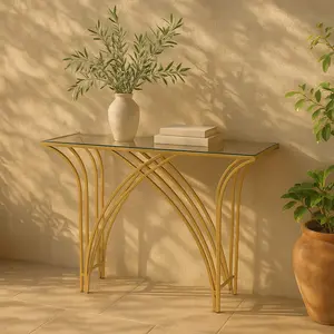 Geometric Gold Metal Rectangular Living Room Console Table with Mirrored Glass Top