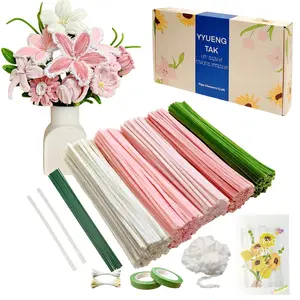 350 Pcs Pink Pipe Cleaners Flower Kit with Tutorial,Fluffy Yarn,Green Floral Wires,Gardening Tape,2 Colors Stamen,Chenille Stems for DIY Art Projects Creative Gift Decor